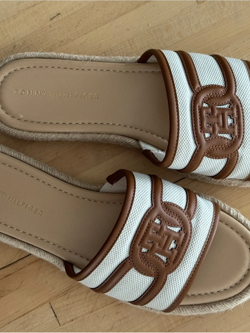 Tommy Hilfiger Cream and Tan Espadrille Slide Sandals Hadjea Slip On